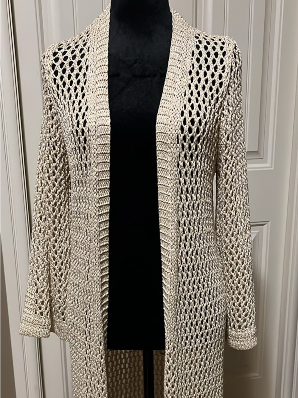 Joseph Ribkoff Open-Weave Long Cardigan in metallic gold thread